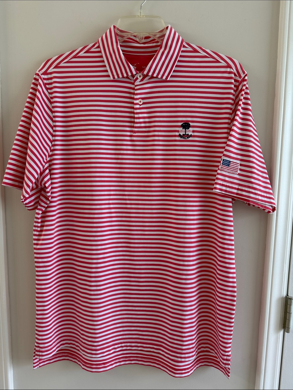 Red & White Striped Polo Shirt with Subtle Chest Emblem